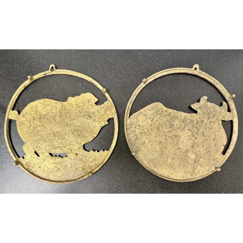 Vintage Pair Brass Farm Trivets - Pig & Cow Bull 7" Round